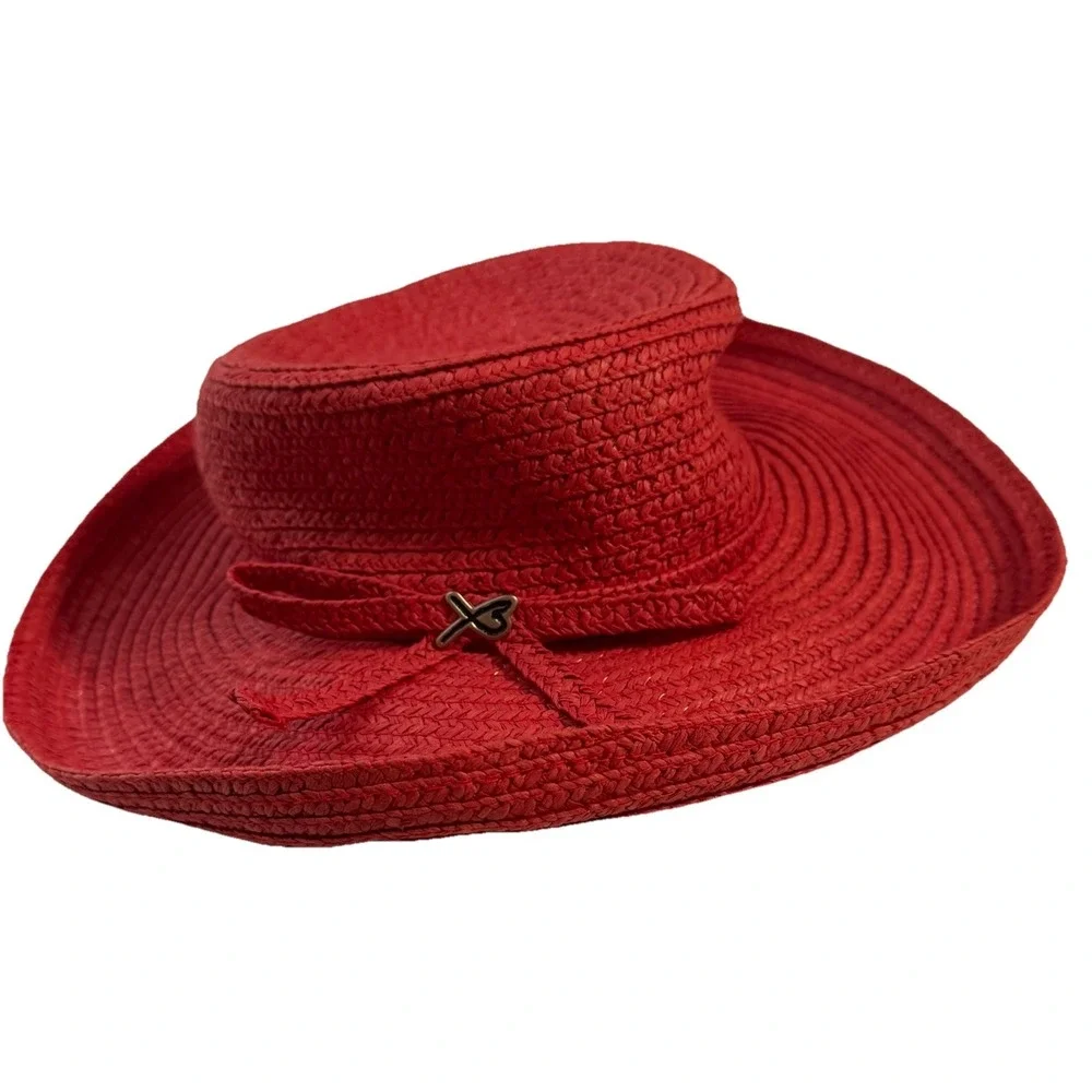BETMAR NEW‎ YORK Floppy Sun Hat Women's Red Paper Straw Wide Brim Beach LOGO